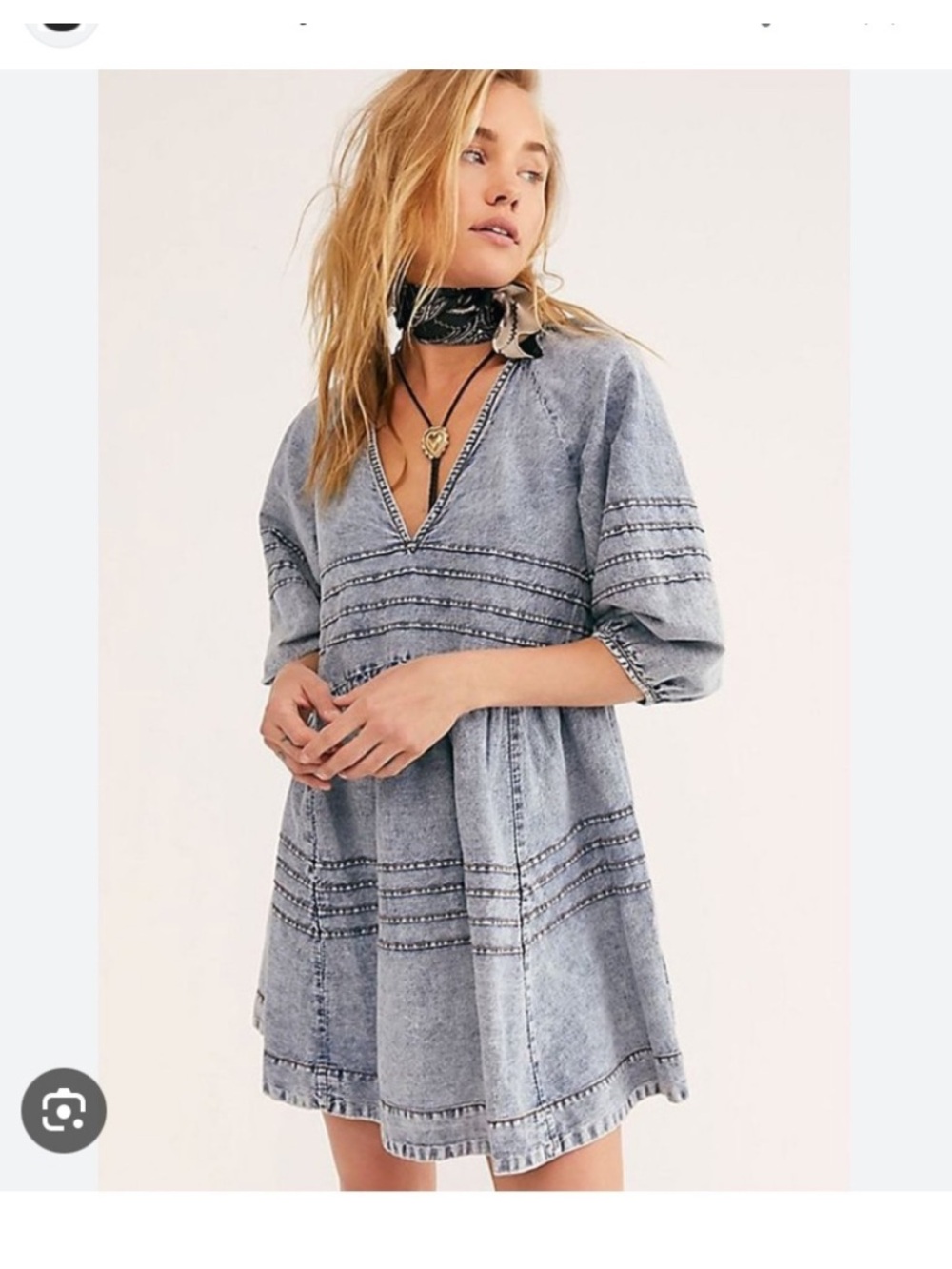 Free People Washed Chambray V‑Neck Mini Dress in Light Blue